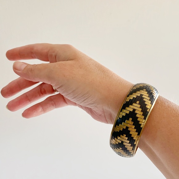 Vintage Brass & Black Woven Chevron Wide Bangle - Picture 1 of 4